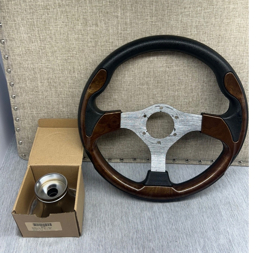 Custom 3-Spoke Steering Wheel Wood Grain Black Grip with Chrome 5/6 Hole Adapter